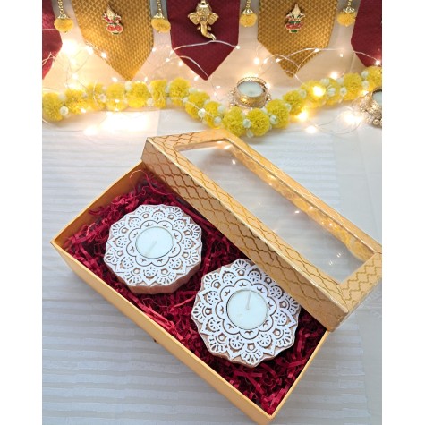 Diwali Gift Box – 2 Hand Carved Wooden Tealight Holders