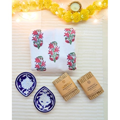 Diwali Gift Box – Cotton Block-Printed Towel, Natural Soaps & Blue Pottery Diyas