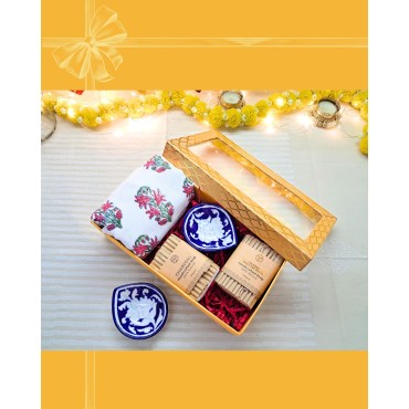 Diwali Gift Box – Cotton Block-Printed Towel, Natural Soaps & Blue Pottery Diyas