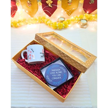 Diwali Gift Box - Ceramic Mug & Set of 4 Coasters with Quotes