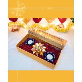 Diwali Gift Box - Lotus-Shaped Diya & Blue Pottery Tealight Holders