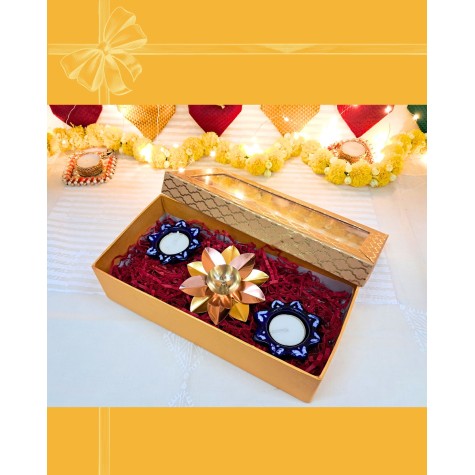 Diwali Gift Box - Lotus-Shaped Diya & Blue Pottery Tealight Holders