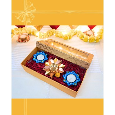 Diwali Gift Box - Lotus-Shaped Diya & Blue Pottery Tealight Holders