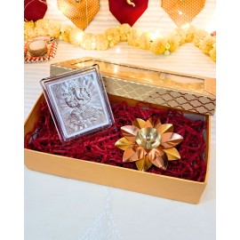 Diwali Gift Box - Ganesha in German Silver and a Lotus-Shaped Diya