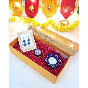 Diwali Gift Box for Her - Blue Pottery Earrings, Organic Lip Balm & Tealight Holder