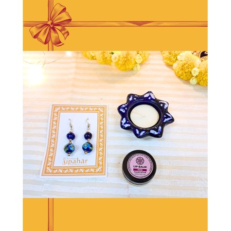 Diwali Gift Box for Her - Blue Pottery Earrings, Organic Lip Balm & Tealight Holder