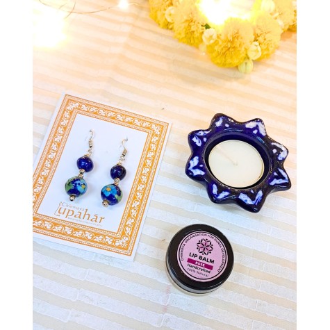 Diwali Gift Box for Her - Blue Pottery Earrings, Organic Lip Balm & Tealight Holder