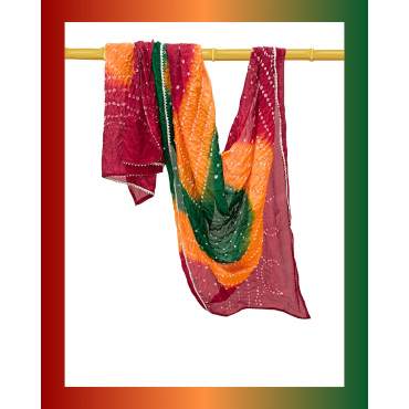 Dupatta: Silk with Fine Bandhani - Green, Yellow and Red