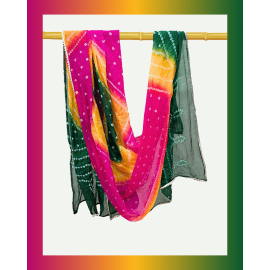 Dupatta: Silk with Fine Bandhani - Pink, Yellow, Green