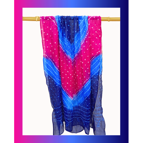 Dupatta: Silk with Fine Bandhani - Pink and Blue