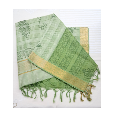 Dupatta: Mangalagiri Cotton in Colour with Zari Border - Green