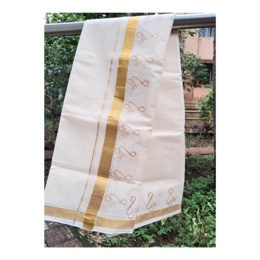 Dupatta: Kerala Cotton -  3/4" Gold Zari Border with Om Print