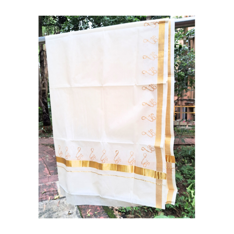 Dupatta: Kerala Cotton -  3/4" Gold Zari Border with Om Print