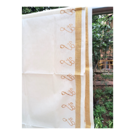 Dupatta: Kerala Cotton -  3/4" Gold Zari Border with Om Print