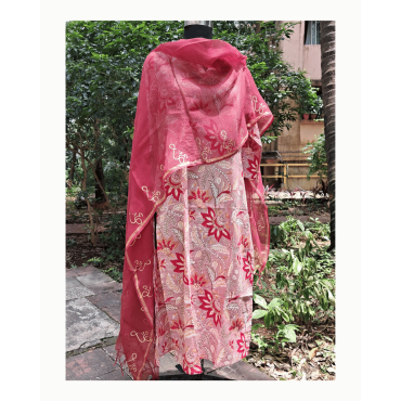 Dupatta: Cotton Kota Doria with Om Block Print in Brick Red