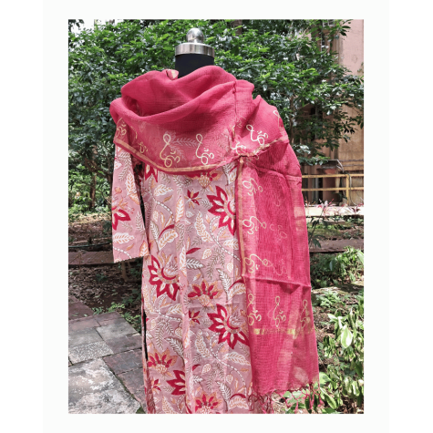 Dupatta: Cotton Kota Doria with Om Block Print in Brick Red