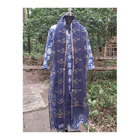 Dupatta: Cotton Kota Doria with Om Block Print in Dark Blue