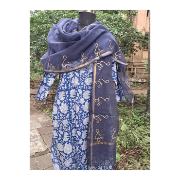 Dupatta: Cotton Kota Doria with Om Block Print in Dark Blue