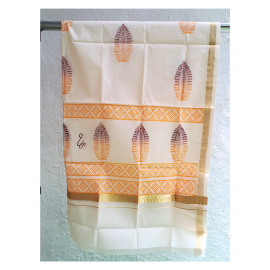 Dupatta: Kerala Cotton - Gold Zari Border and Yellow Block Print