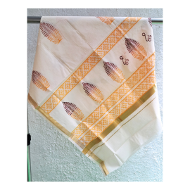 Dupatta: Kerala Cotton - Gold Zari Border and Yellow Block Print