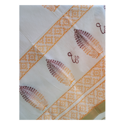 Dupatta: Kerala Cotton - Gold Zari Border and Yellow Block Print