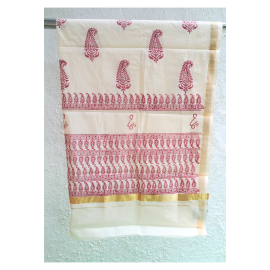 Dupatta: Kerala Cotton - Gold Zari Border and Red Block Print