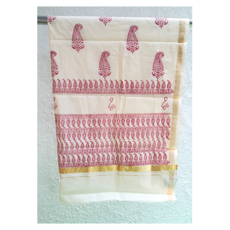 Dupatta: Kerala Cotton - Gold Zari Border and Red Block Print