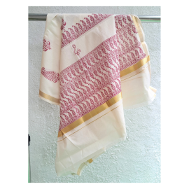 Dupatta: Kerala Cotton - Gold Zari Border and Red Block Print