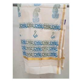 Dupatta: Kerala Cotton - Gold Zari Border and Blue Block Print