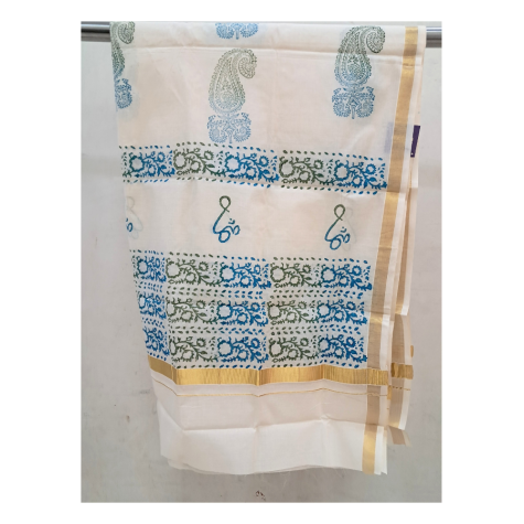 Dupatta: Kerala Cotton - Gold Zari Border and Blue Block Print