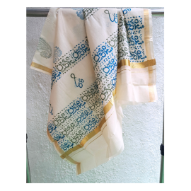 Dupatta: Kerala Cotton - Gold Zari Border and Blue Block Print