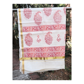 Dupatta: Kerala Cotton - Gold Zari Border and Red Block Print