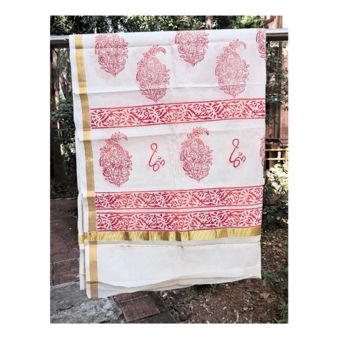 Dupatta: Kerala Cotton - Gold Zari Border and Red Block Print