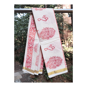 Dupatta: Kerala Cotton - Gold Zari Border and Red Block Print