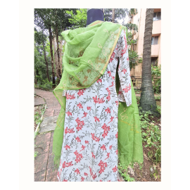 Dupatta: Cotton Kota Doria with Om Block Print in Green