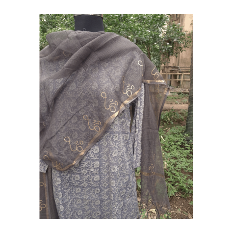 Dupatta: Cotton Kota Doria with Om Block Print in Grey