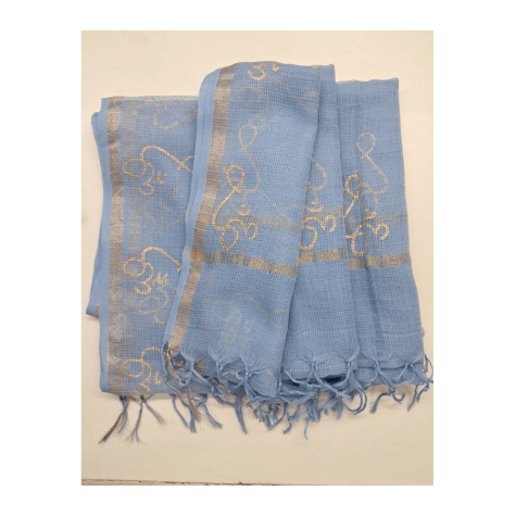 Dupatta: Cotton Kota Doria with Om Block Print in Light Blue