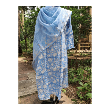 Dupatta: Cotton Kota Doria with Om Block Print in Light Blue