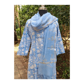 Dupatta: Cotton Kota Doria with Om Block Print in Light Blue