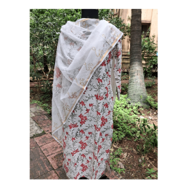 Dupatta: Cotton Kota Doria with Om Block Print in Off White