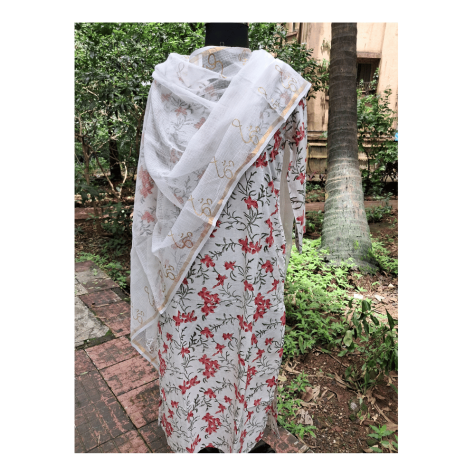 Dupatta: Cotton Kota Doria with Om Block Print in Off White