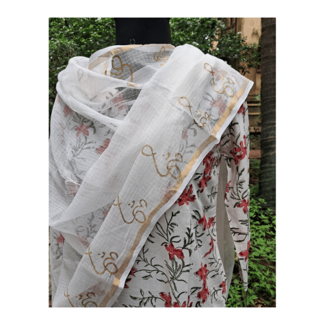 Dupatta: Cotton Kota Doria with Om Block Print in Off White