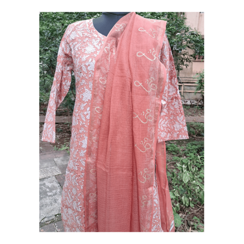 Dupatta: Cotton Kota Doria with Om Block Print in Peach