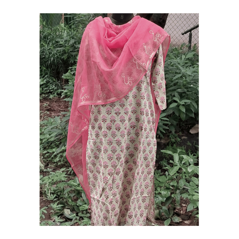 Dupatta: Cotton Kota Doria with Om Block Print in Pink