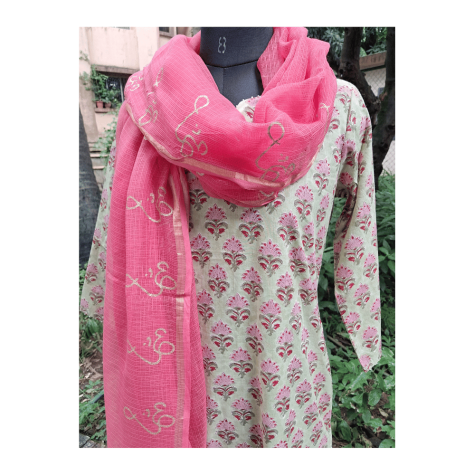 Dupatta: Cotton Kota Doria with Om Block Print in Pink