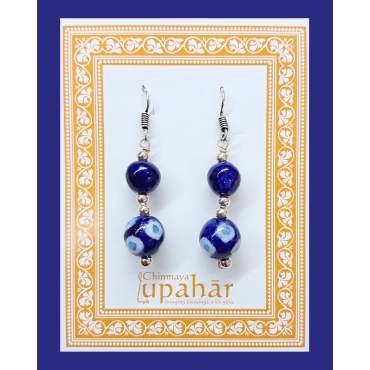 Blue Pottery Earrings with 2 Beads in Dark Blue