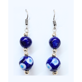 Blue Pottery Earrings with 2 Beads in Dark Blue