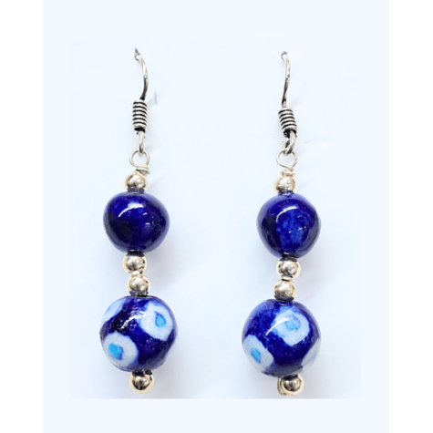 Blue Pottery Earrings with 2 Beads in Dark Blue