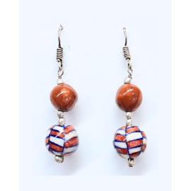 Blue Pottery Earrings with 2 Beads in Brown