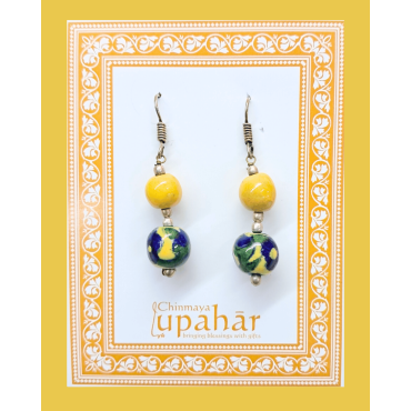 Blue Pottery Earrings with 2 Beads in Yellow